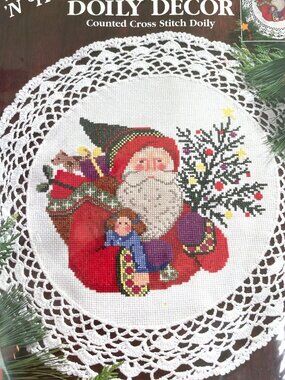 Christmas Cross Stich Santa Vintage 1997 Needles N Hoops Doily Decor Bucilla NEW